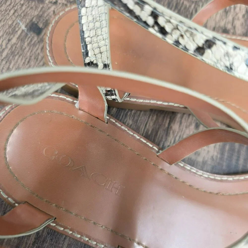 Coach Lydia T Strap Sandals 11 Snake Print Ankle Buckle Logo Strappy Flat Beachy